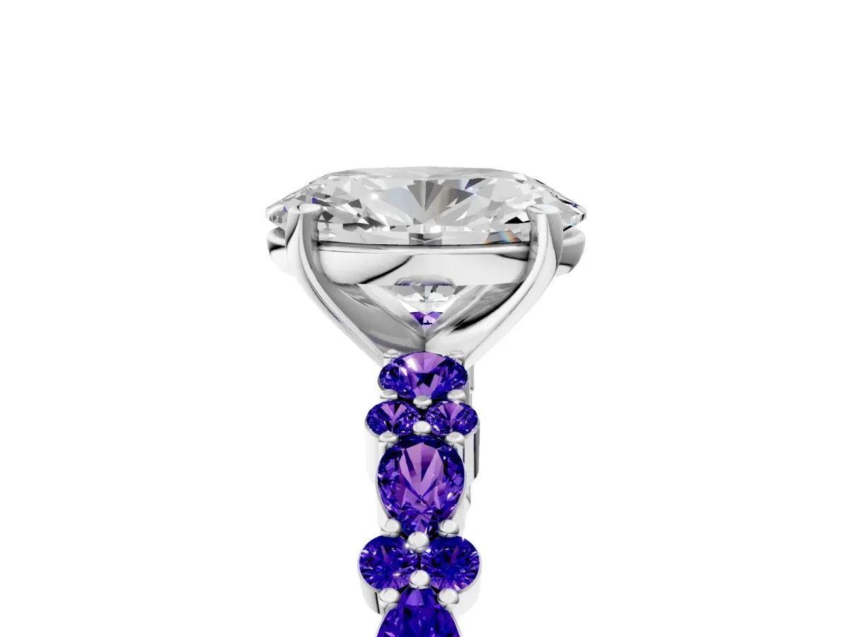Oval Cut Diamond Side Stone Solitaire Ring with Round Tanzanite and Four-Prong Setting White gold