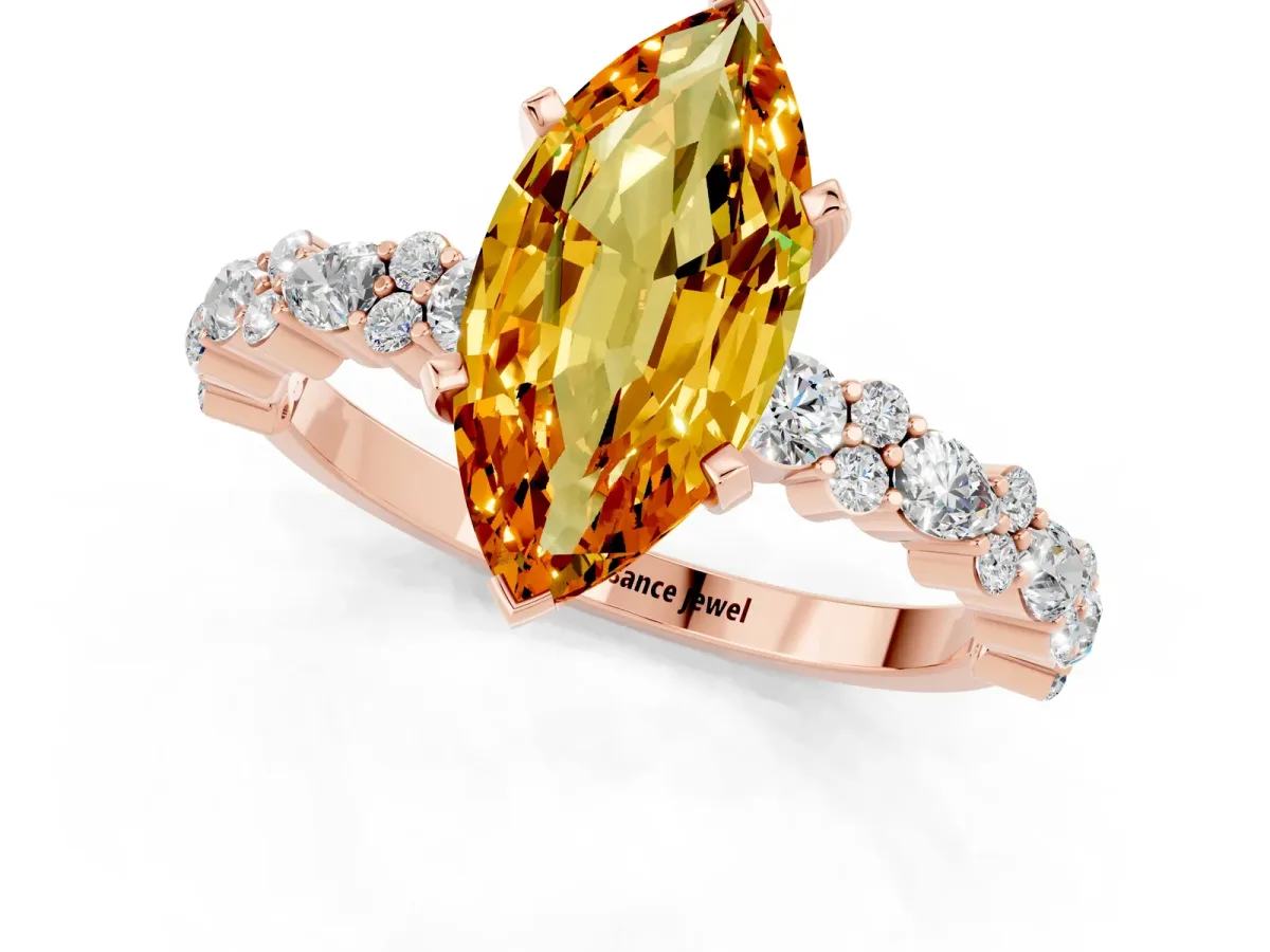 Marquise Cut Citrine Side Stone Solitaire Ring with Round and Four-Prong Setting Rose gold