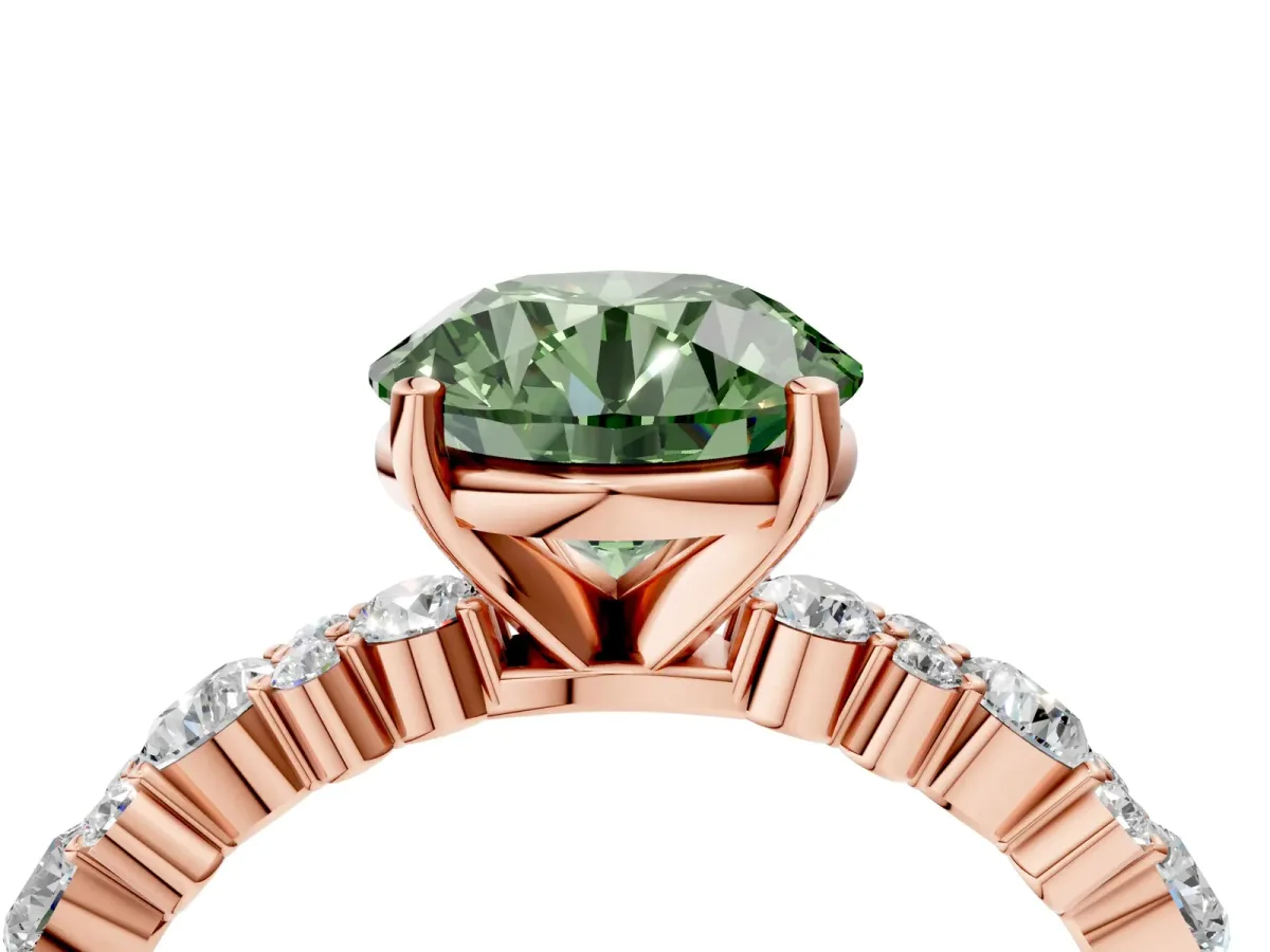 Fancy Green Round Cut Diamond Side Stone Solitaire Ring with Round and Four-Prong Setting Rose gold