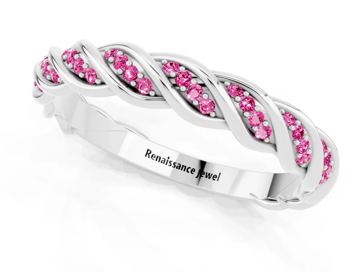 Twisted Pavé Round Pink Sapphire Eternity Band with Shared Prong Setting Platinum