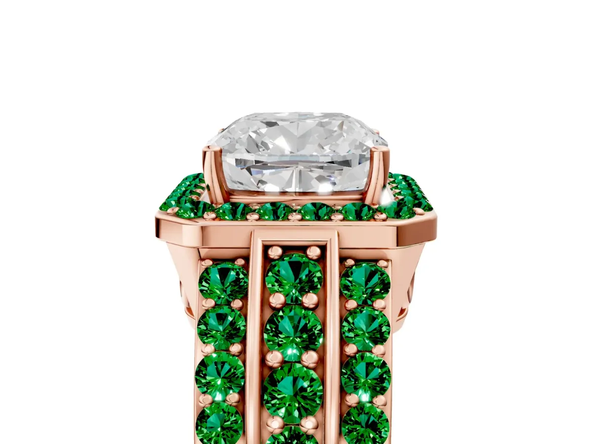 Cushion Cut Halo Diamond Ring with Round Emerald Split Shank and Prong Setting Rose gold