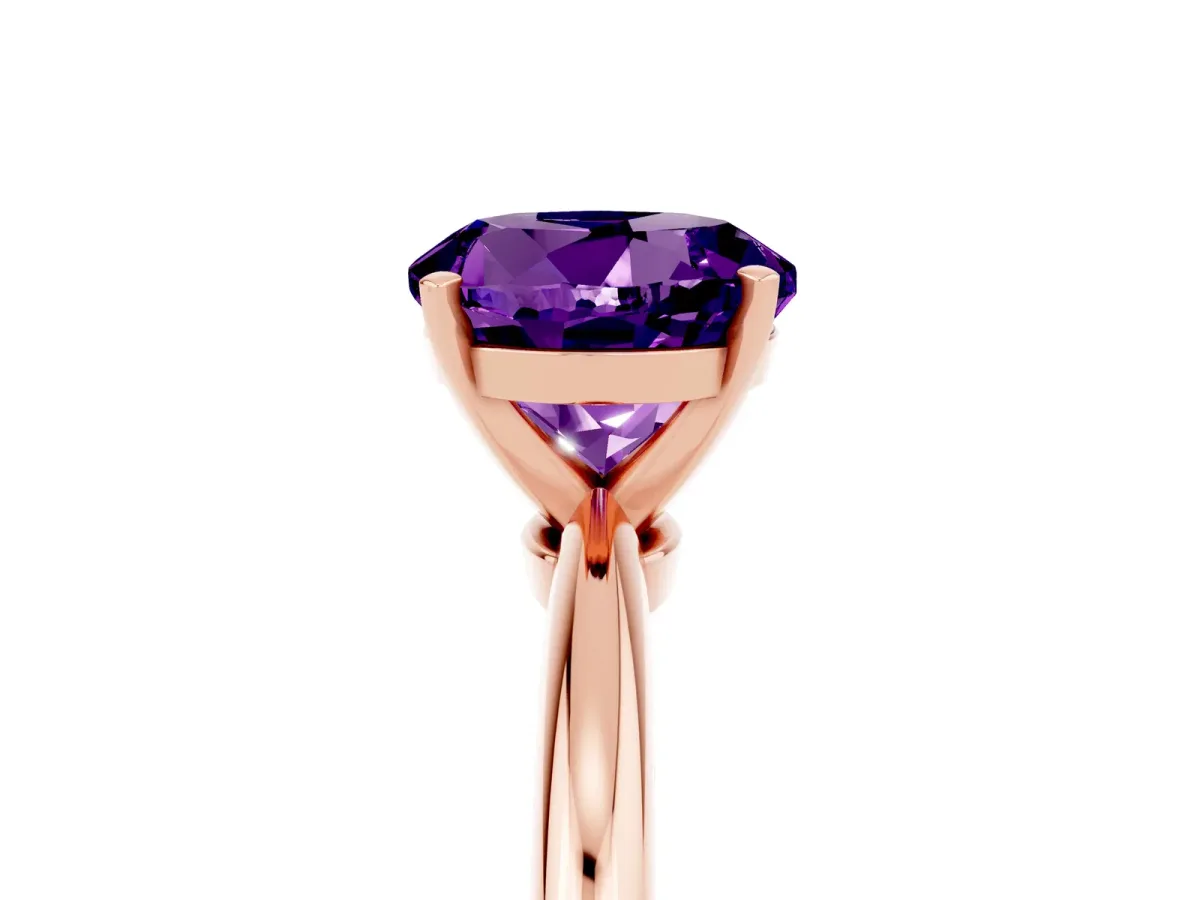 Round Cut Amethyst Solitaire Ring with Six-Prong Setting and Classic Band Rose gold
