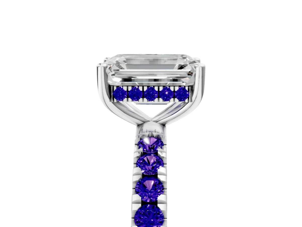 Emerald Cut Diamond Pave Band Solitaire Ring with Round Tanzanite and Prong Setting Platinum