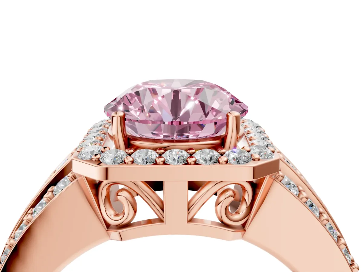 Fancy Pink Round Cut Halo Diamond Ring with Round Split Shank and Prong Setting Rose gold