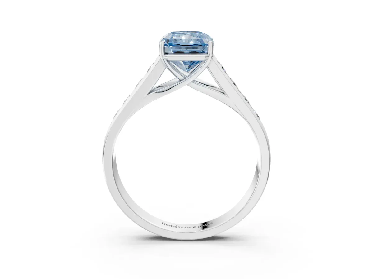 Fancy Blue Radiant Cut Brilliant Channel-Set Solitaire Ring with Four-Prong Setting Platinum