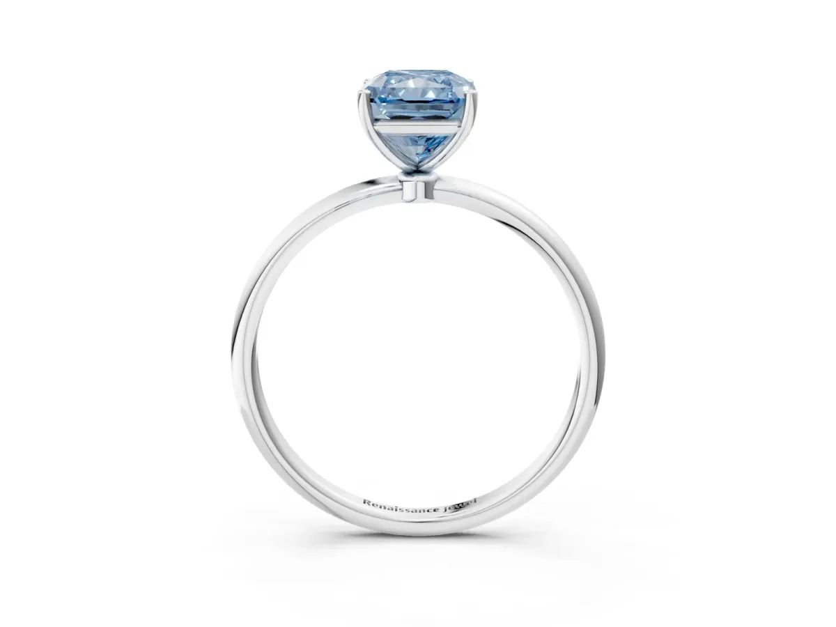Fancy Blue Radiant Cut Cut Solitaire Engagement Ring with Thin Band and Four-Prong Setting Platinum