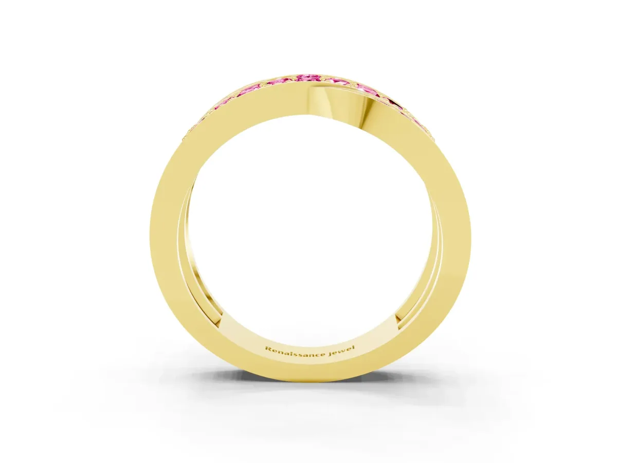 Pavé Round Pink Sapphire Crossover Band with Bead Prong Setting Yellow gold