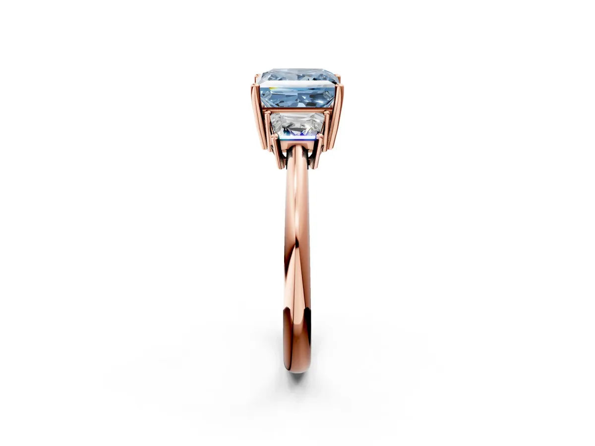 Fancy Blue Princess Cut Diamond Three-Stone Ring with Trapezoid Side Stones and Prong Setting Rose gold