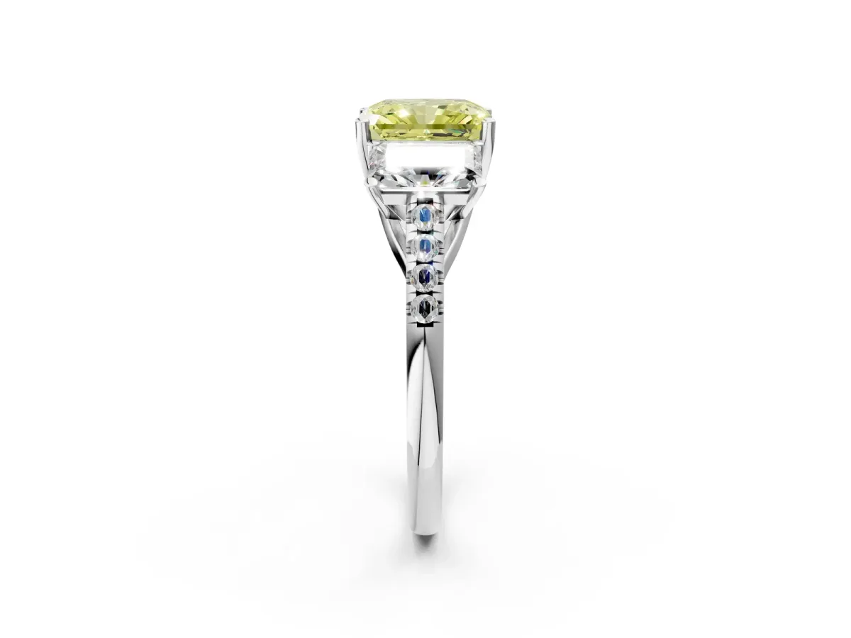 Fancy Yellow Three-Stone Radiant Cut Diamond Ring with Round Pavé Band and Prong Setting Silver
