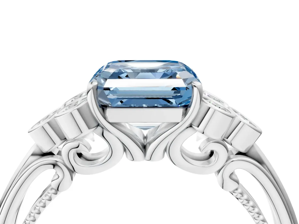 Fancy Blue Asscher Cut Cut Diamond Engagement Ring with Bezel Set Round Side Stones and Prong Setting Platinum