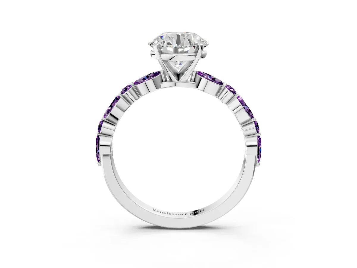 Round Cut Diamond Ring with Marquise and Round Amethyst Side Stones and Four-Prong Setting Silver