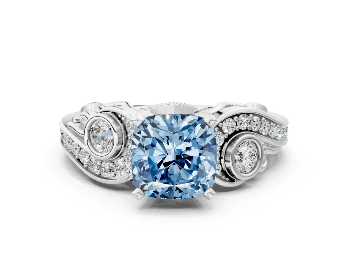 Fancy Blue Cushion Cut Diamond Solitaire Ring with Milgrain Pavé Band and Four-Prong Setting Silver