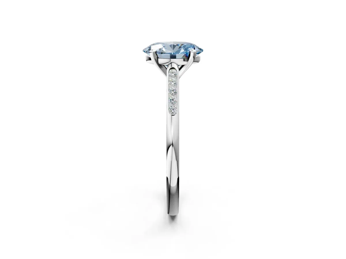 Fancy Blue Oval Cut Diamond Solitaire Ring with Channel Set Round Band and Prong Setting Silver