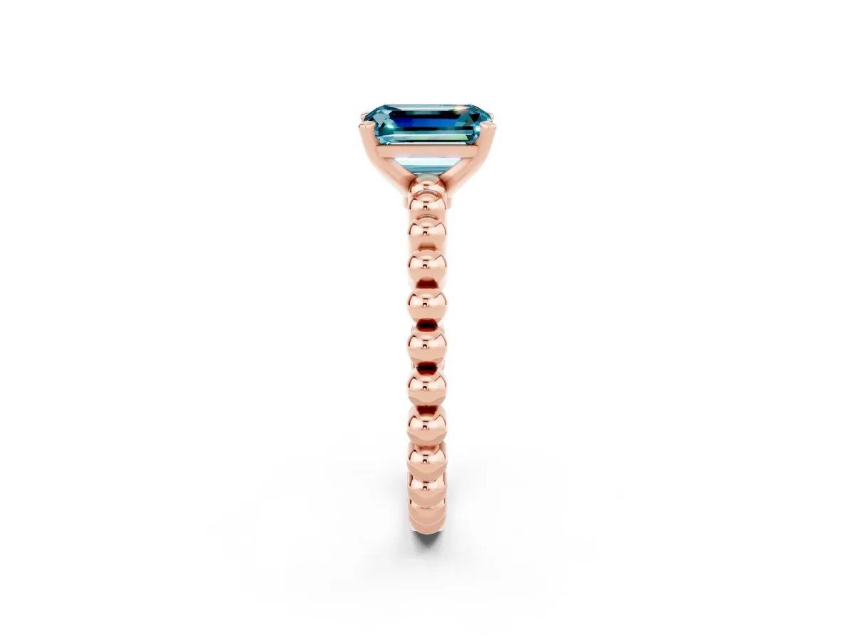 Emerald Cut Blue Topaz Solitaire Ring with Beaded Band and Prong Setting Rose gold