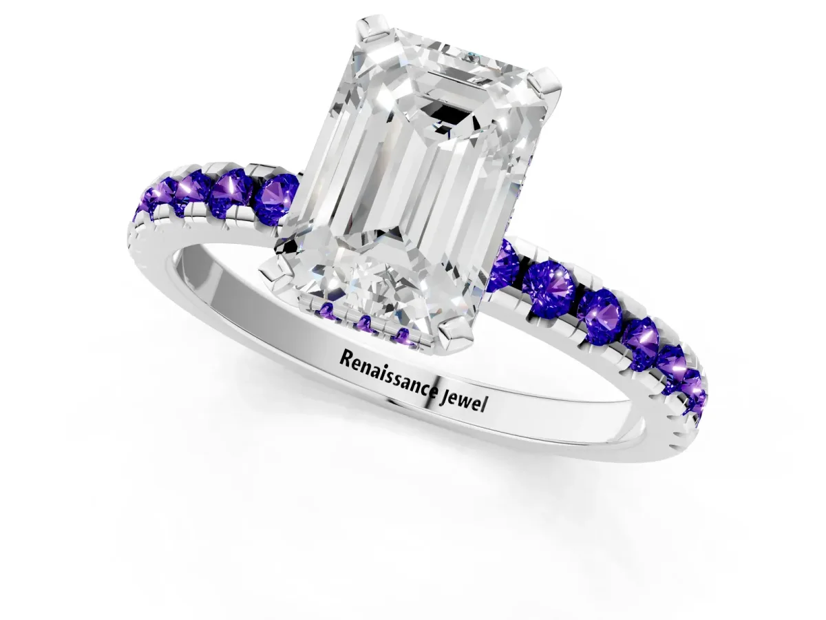 Emerald Cut Diamond Solitaire Ring with Round Tanzanite Pavé Band and Four-Prong Setting Silver