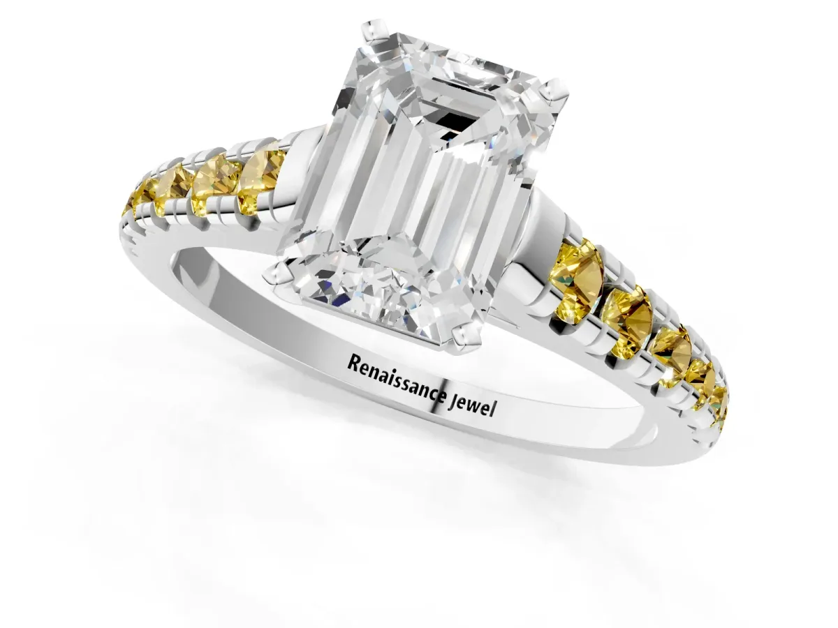 Emerald Cut Diamond Cathedral Solitaire Ring with Round Yellow Sapphire Pavé Band Silver