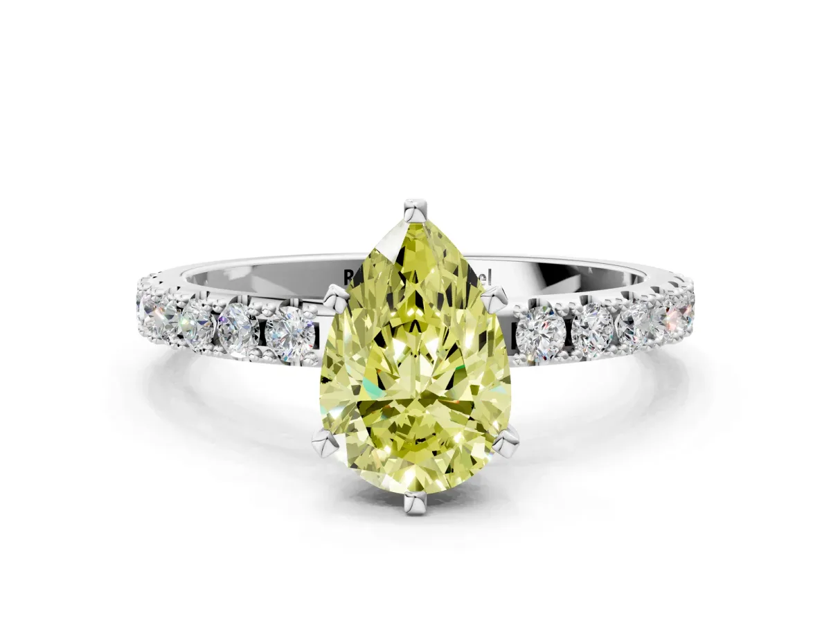 Fancy Yellow Pear Cut Diamond Solitaire Pavé Band with Four-Prong Setting Silver