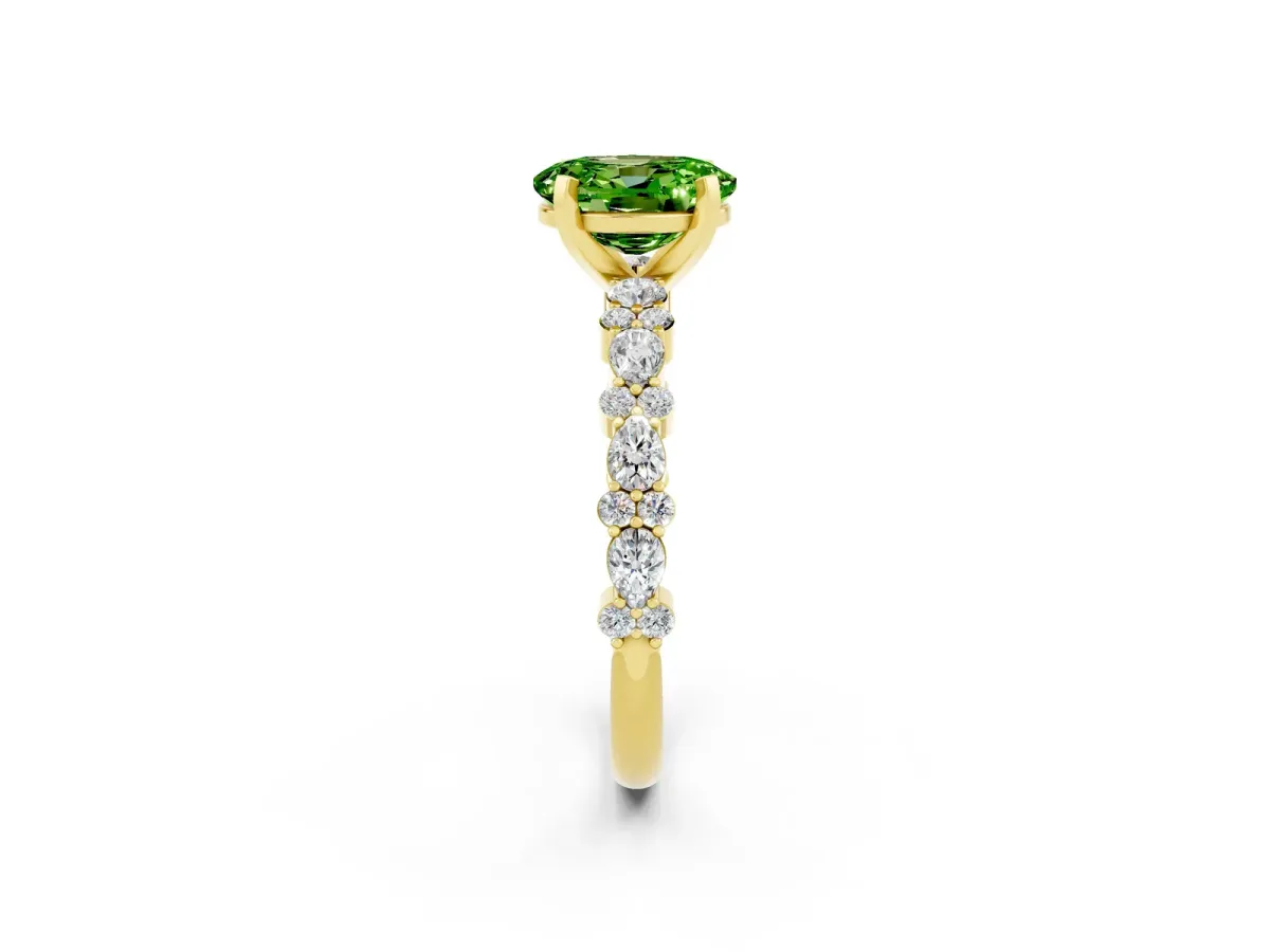 Oval Cut Peridot Side Stone Solitaire Ring with Round and Four-Prong Setting Yellow gold