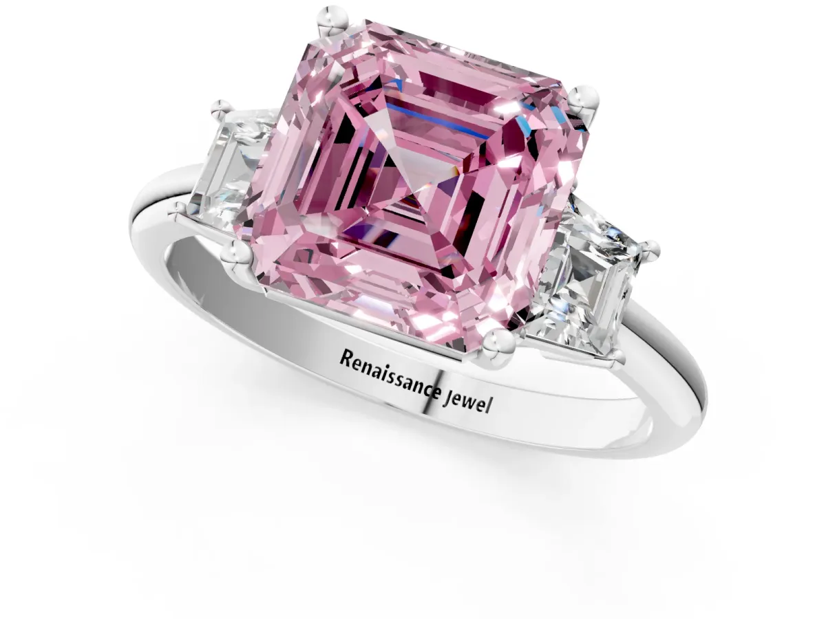 Fancy Pink Asscher Cut Diamond Three-Stone Ring with Trapezoid Side Stones and Prong Setting Silver