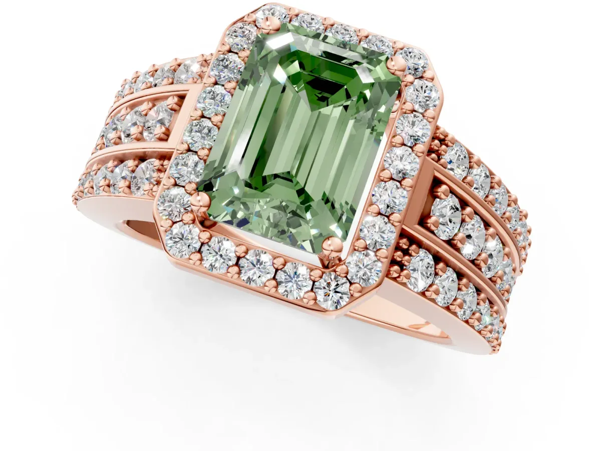 Fancy Green Emerald Cut Halo Diamond Ring with Round Split Shank and Prong Setting Rose gold