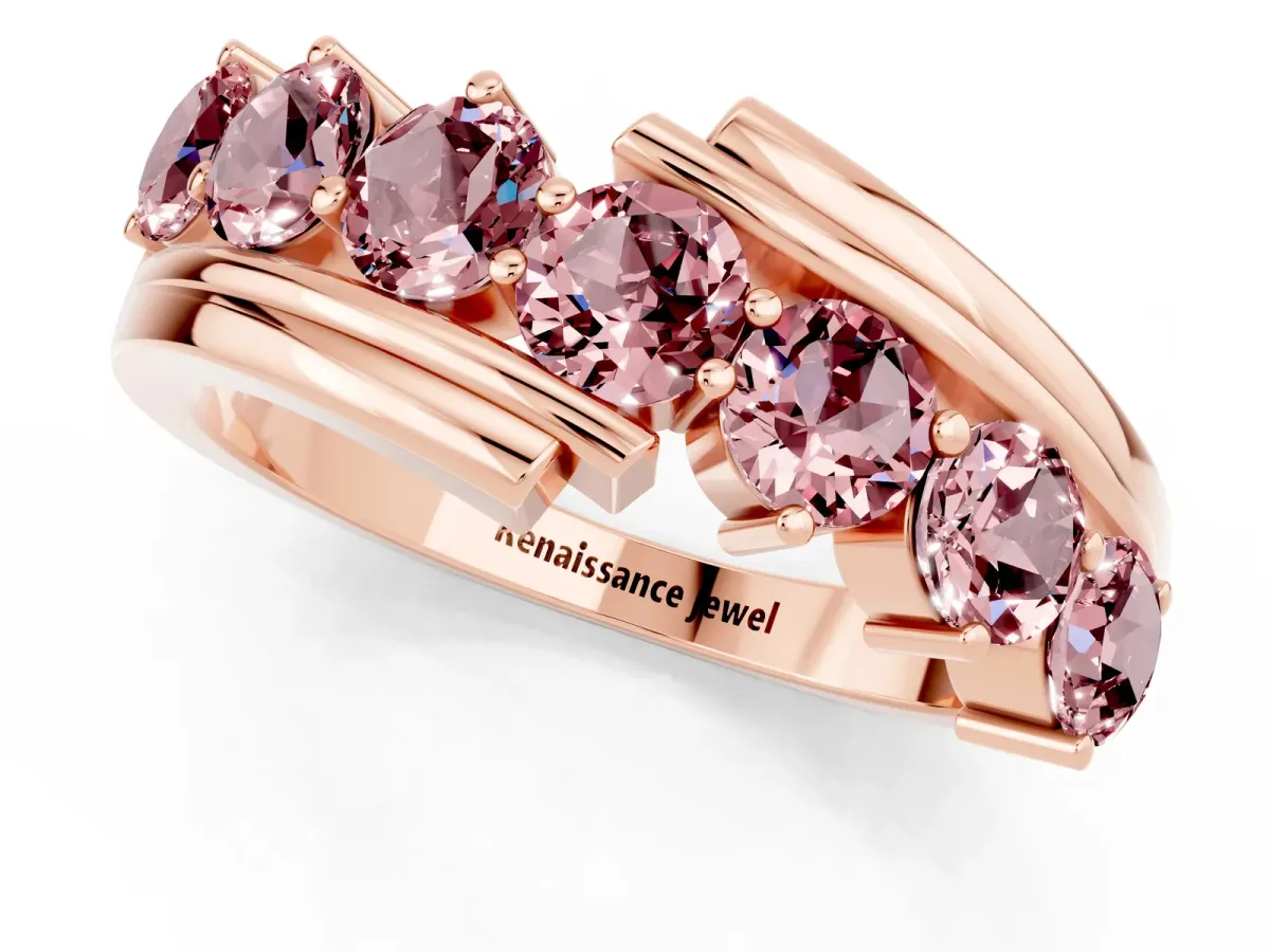Round Morganite Wave Band with Channel and Shared Prong Setting Rose gold