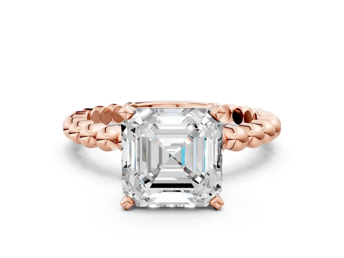 Asscher Cut Diamond Solitaire Ring with Beaded Band and Prong Setting Rose gold