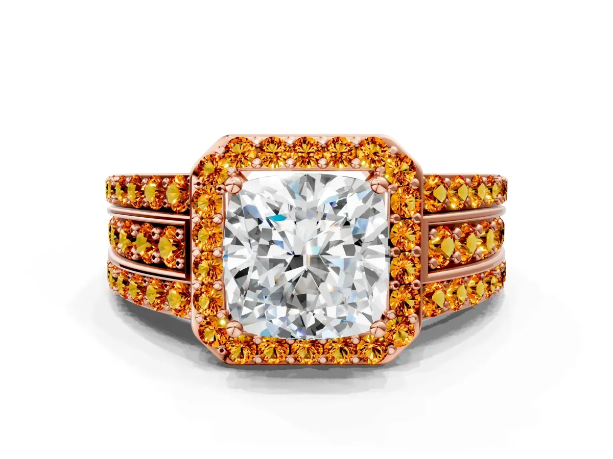 Cushion Cut Halo Diamond Ring with Round Citrine Split Shank and Prong Setting Rose gold