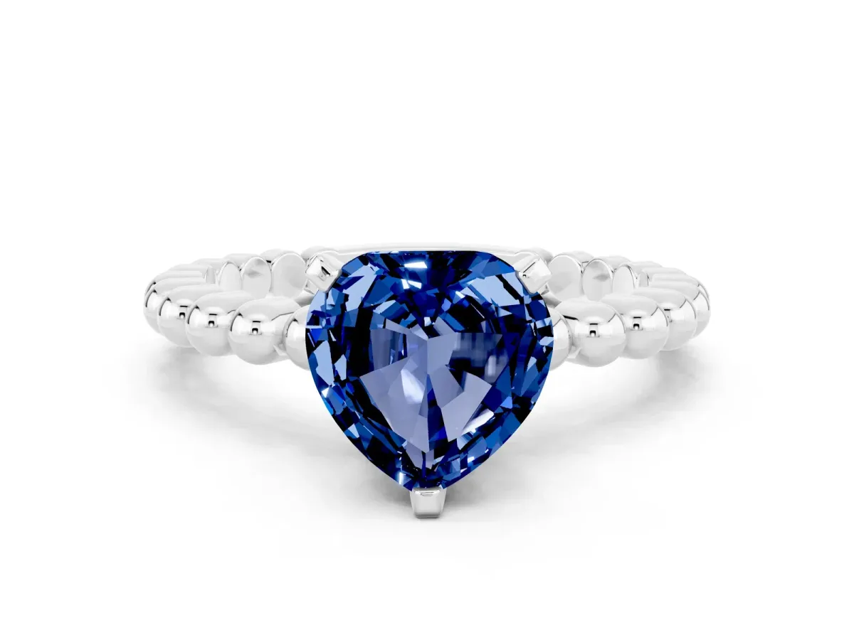 Heart Cut Blue Sapphire Solitaire Ring with Beaded Band and Prong Setting Silver