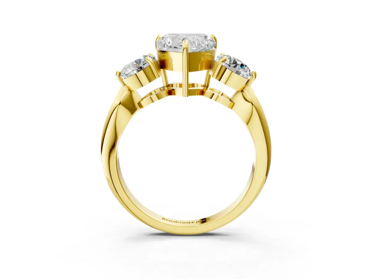 Three-Stone Heart Cut Diamond Channel Set Engagement Ring with Prong Setting Yellow gold
