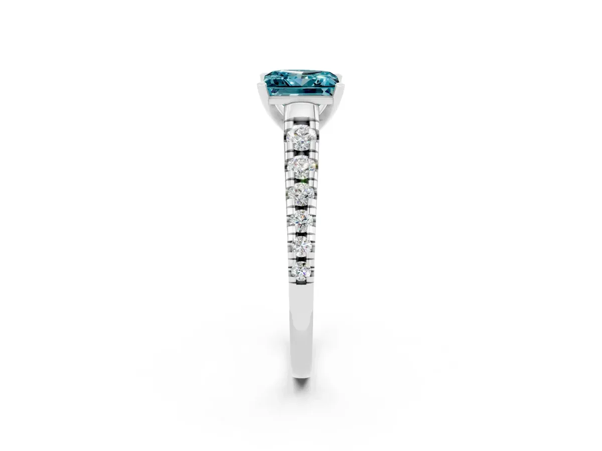 Princess Cut Blue Topaz Cathedral Solitaire Ring with Round Pavé Band Silver