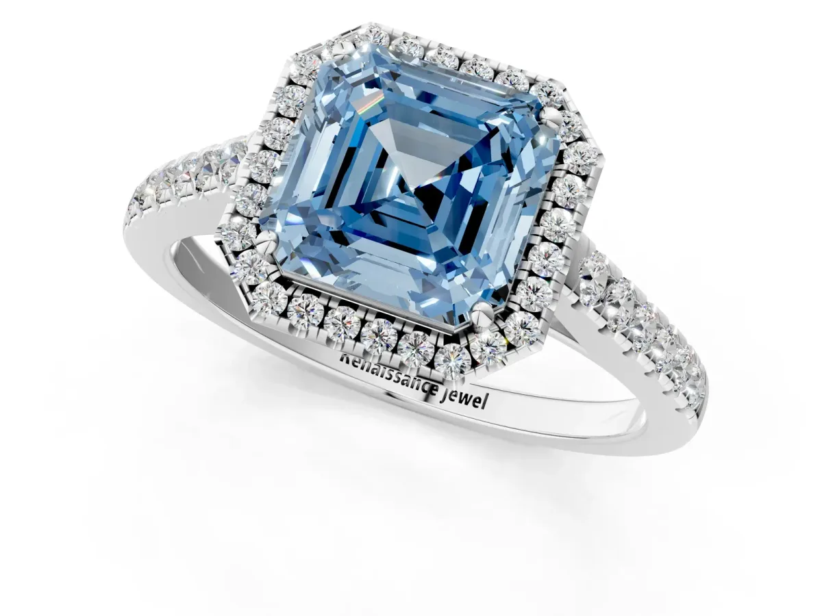 Fancy Blue Asscher Cut Halo Pave Diamond Engagement Ring with Four-Prong Setting Platinum