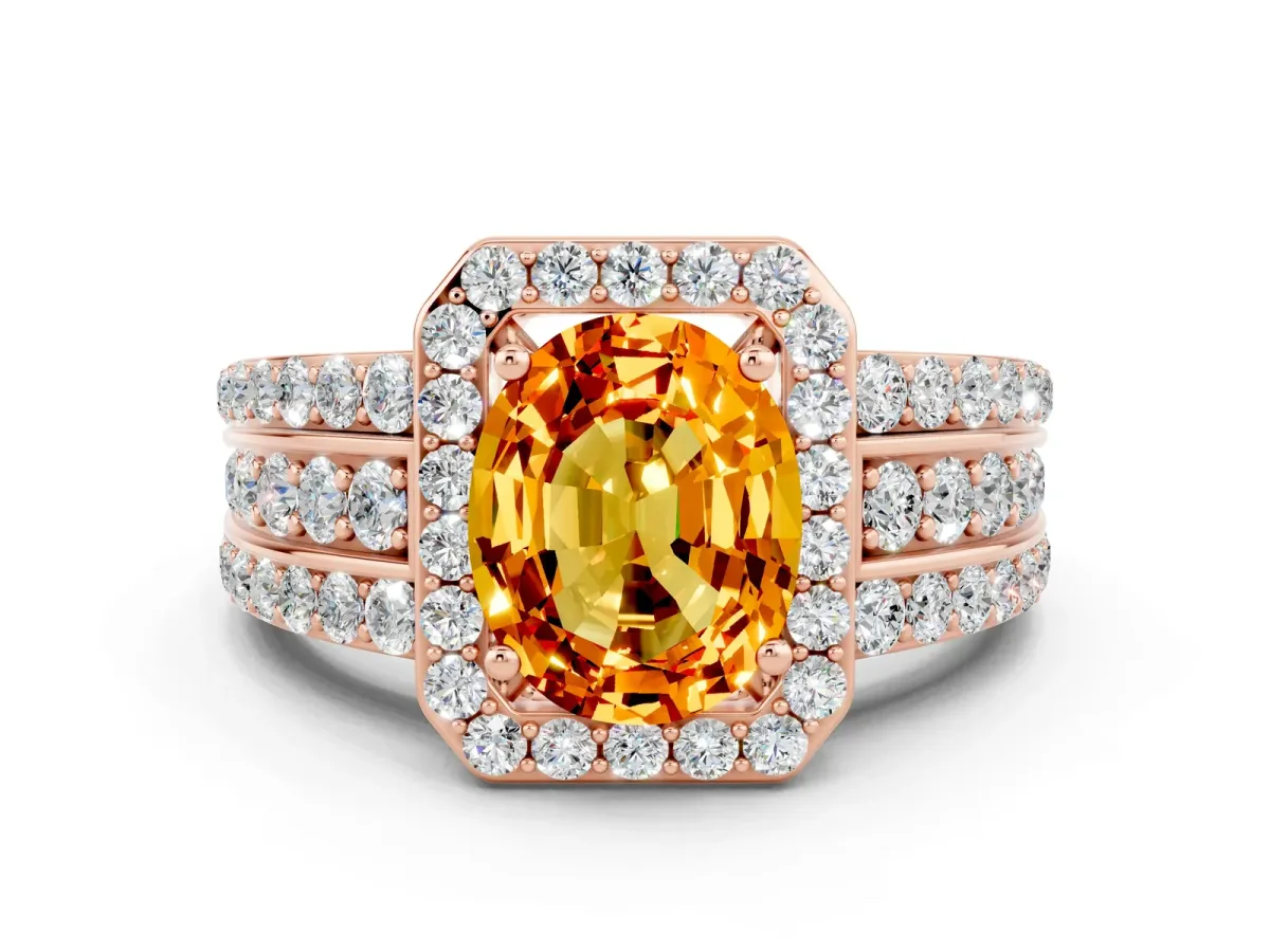Oval Cut Halo Citrine Ring with Round Split Shank and Prong Setting Rose gold