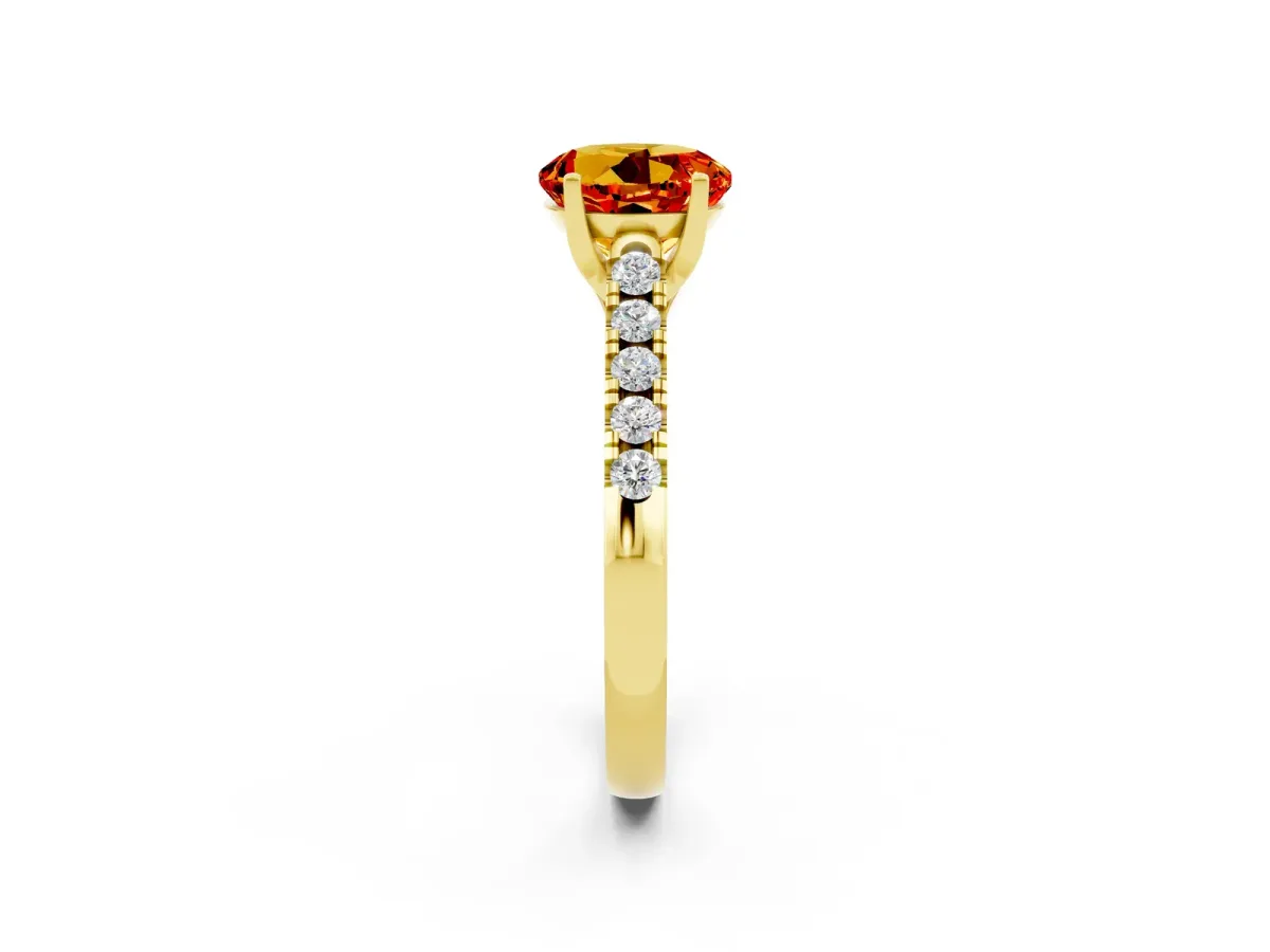Round Cut Citrine Pavé Band Solitaire Ring with Prong Setting Yellow gold