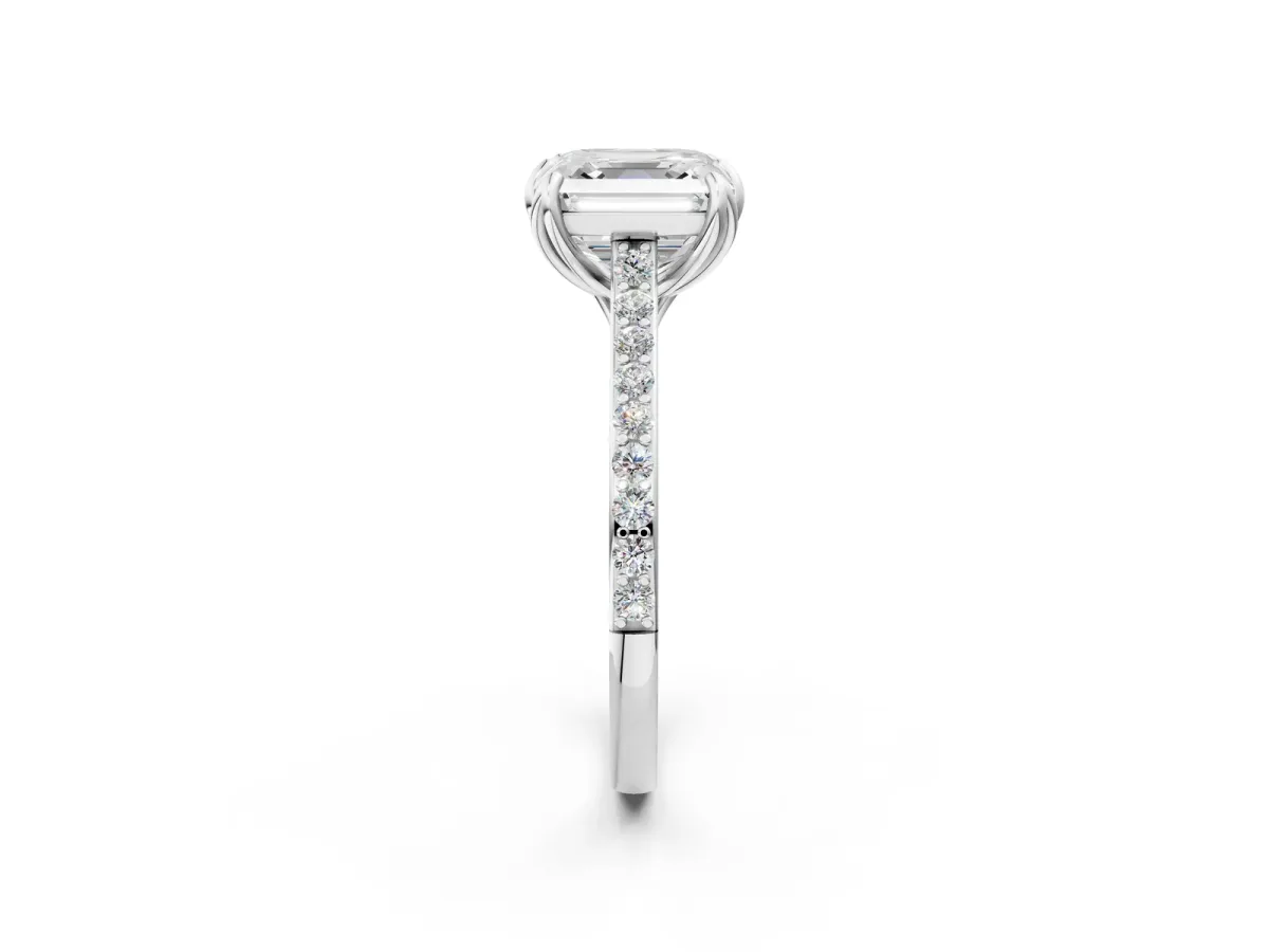 Asscher Cut Solitaire Diamond Engagement Ring with Pave Band and Six-Prong Setting Platinum