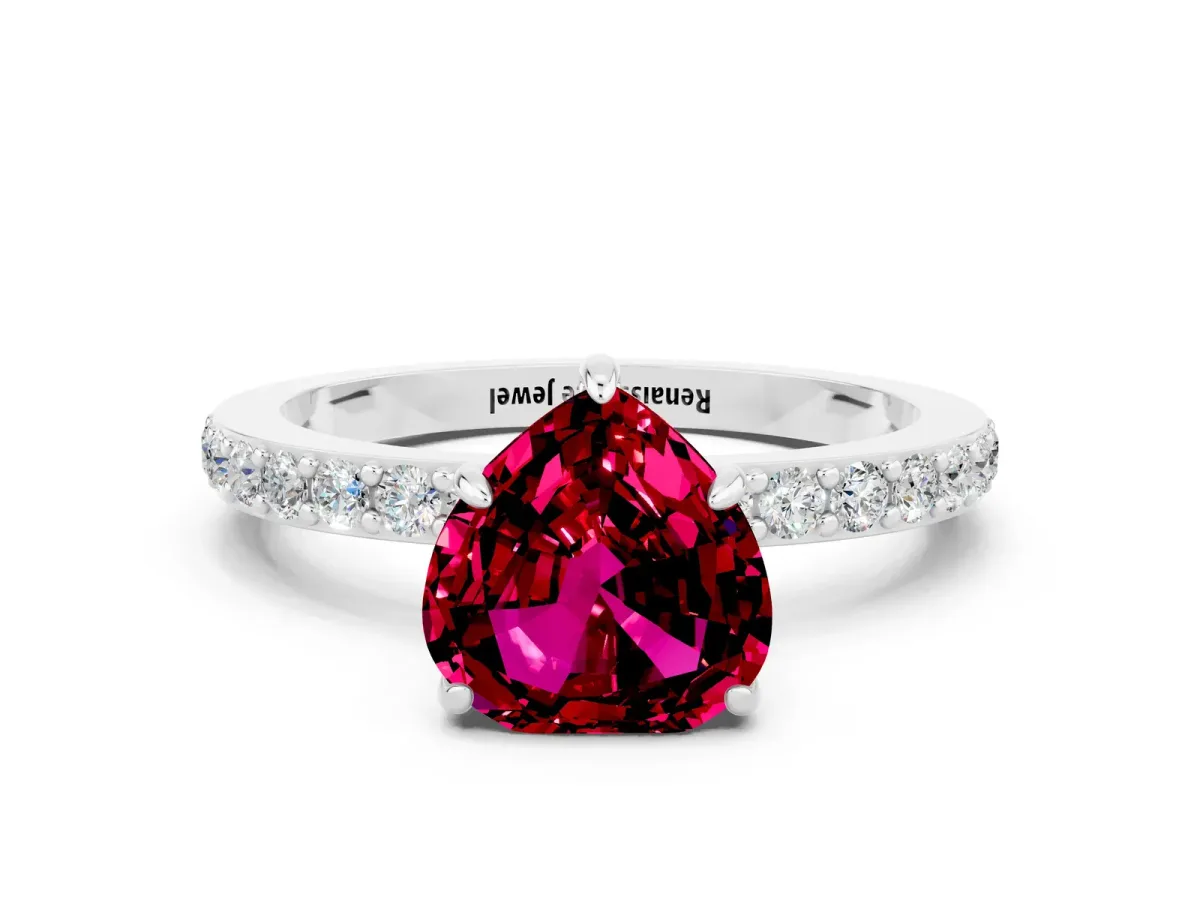 Heart Cut Garnet Solitaire Engagement Ring with Pavé Band and Four-Prong Setting Silver