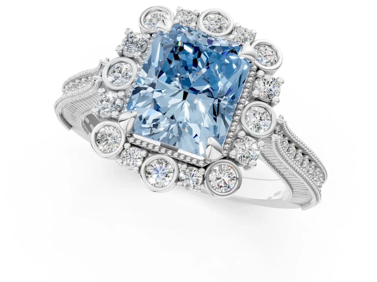 Fancy Blue Radiant Cut Halo Milgrain Pave Diamond Ring with Four-Prong Setting Platinum