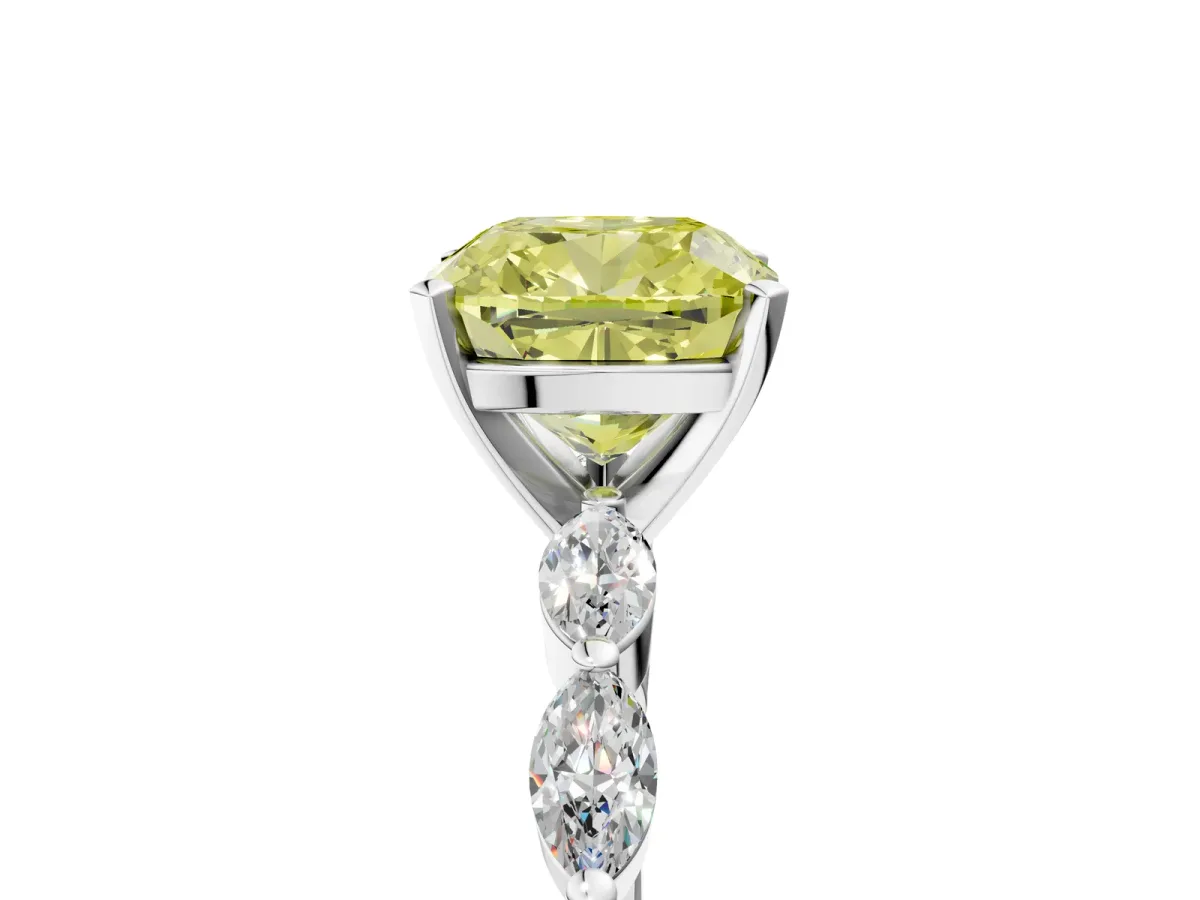 Fancy Yellow Cushion Cut Diamond Ring with Marquise Side Stones and Prong Setting Platinum