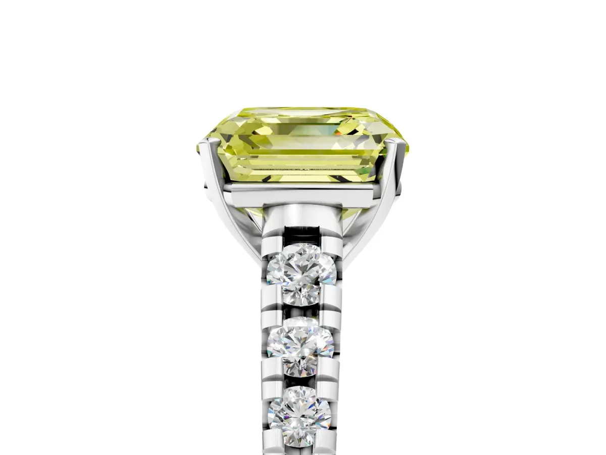 Fancy Yellow Asscher Cut Diamond Cathedral Solitaire Ring with Round Pavé Band Silver