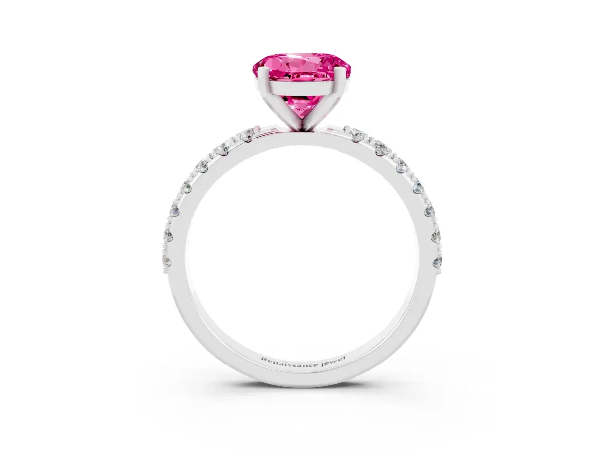 Round Cut Pink Sapphire Solitaire Pavé Band with Four-Prong Setting Silver