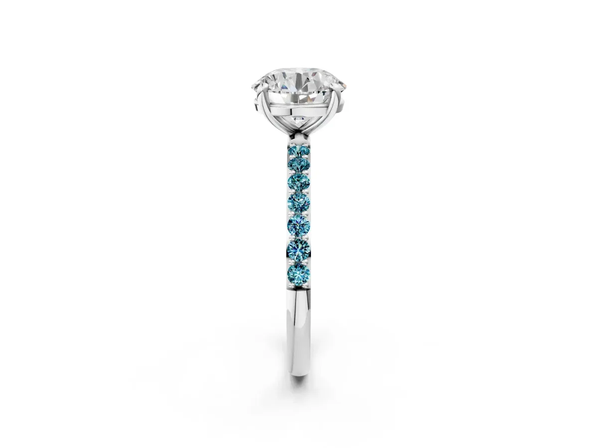 Round Cut Diamond Solitaire Ring with Round Blue Topaz Pavé Band and Prong Setting Silver