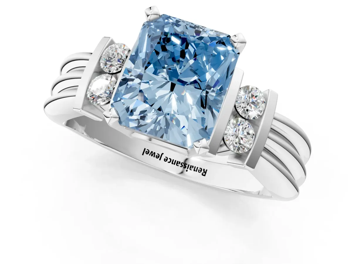 Fancy Blue Radiant Cut Cut Three-Stone Channel Set Ring with Bar Prongs Platinum