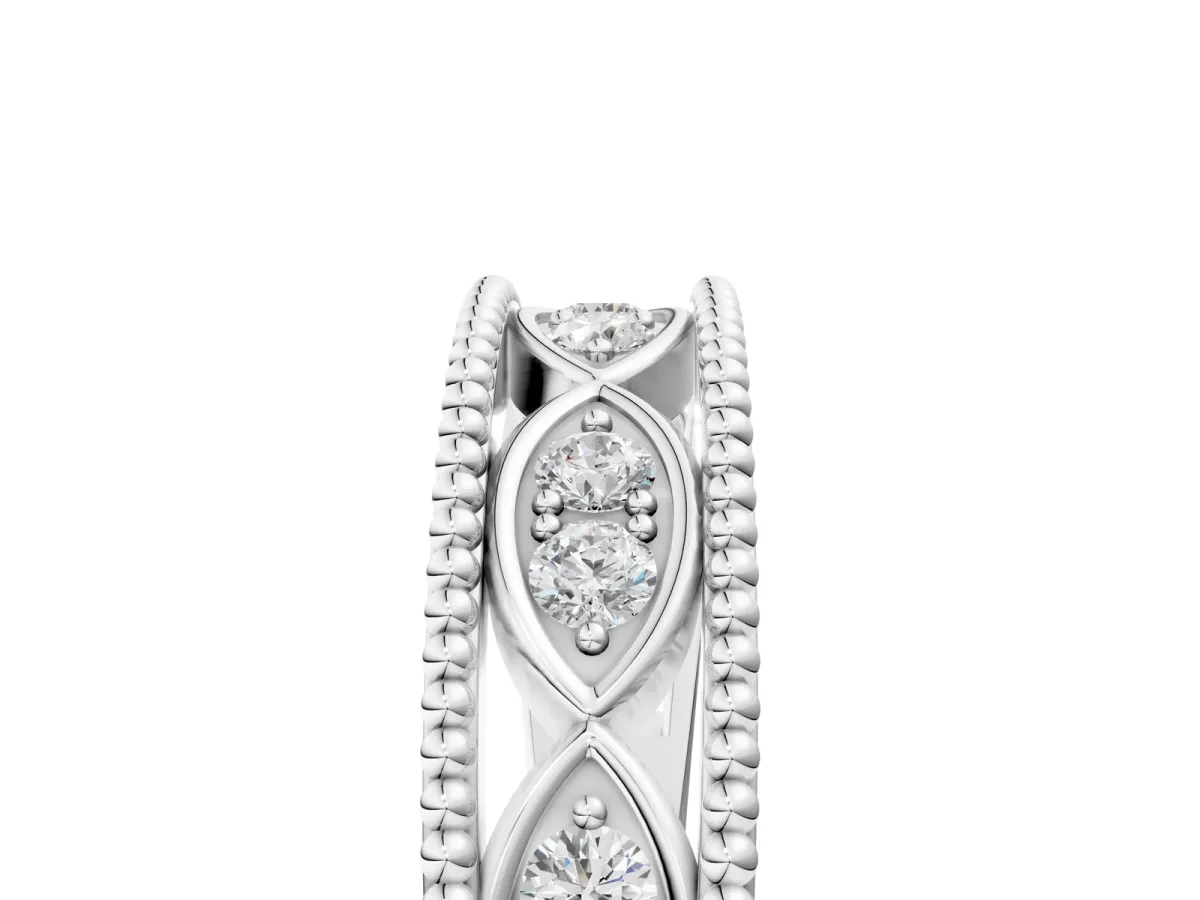 Round Diamond Marquise Milgrain Two-Tone Prong Set Band Silver