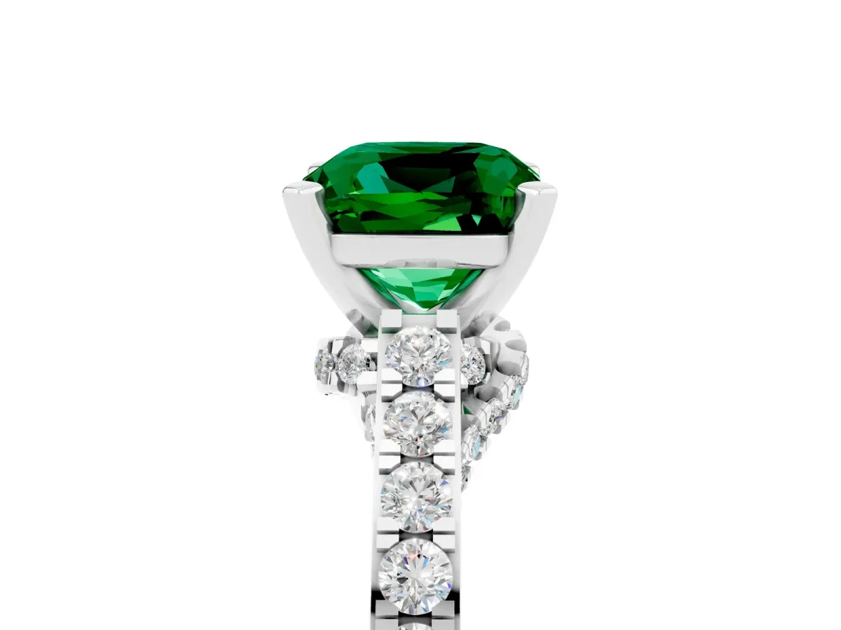 Cushion Cut Emerald Solitaire Ring with Crossover Gallery and Round Pavé Band Silver