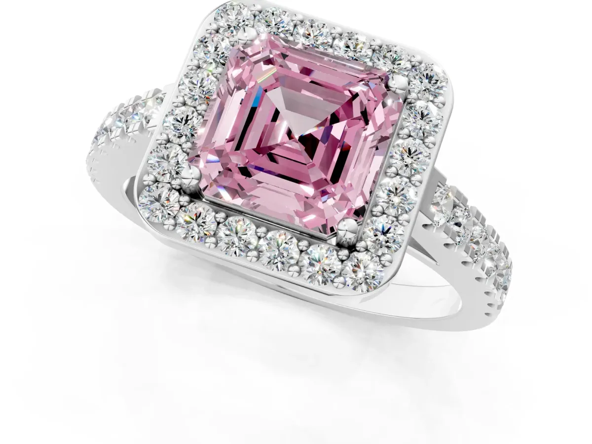 Fancy Pink Asscher Cut Diamond Halo Ring with Round Pavé Split Shank and Prong Setting Platinum