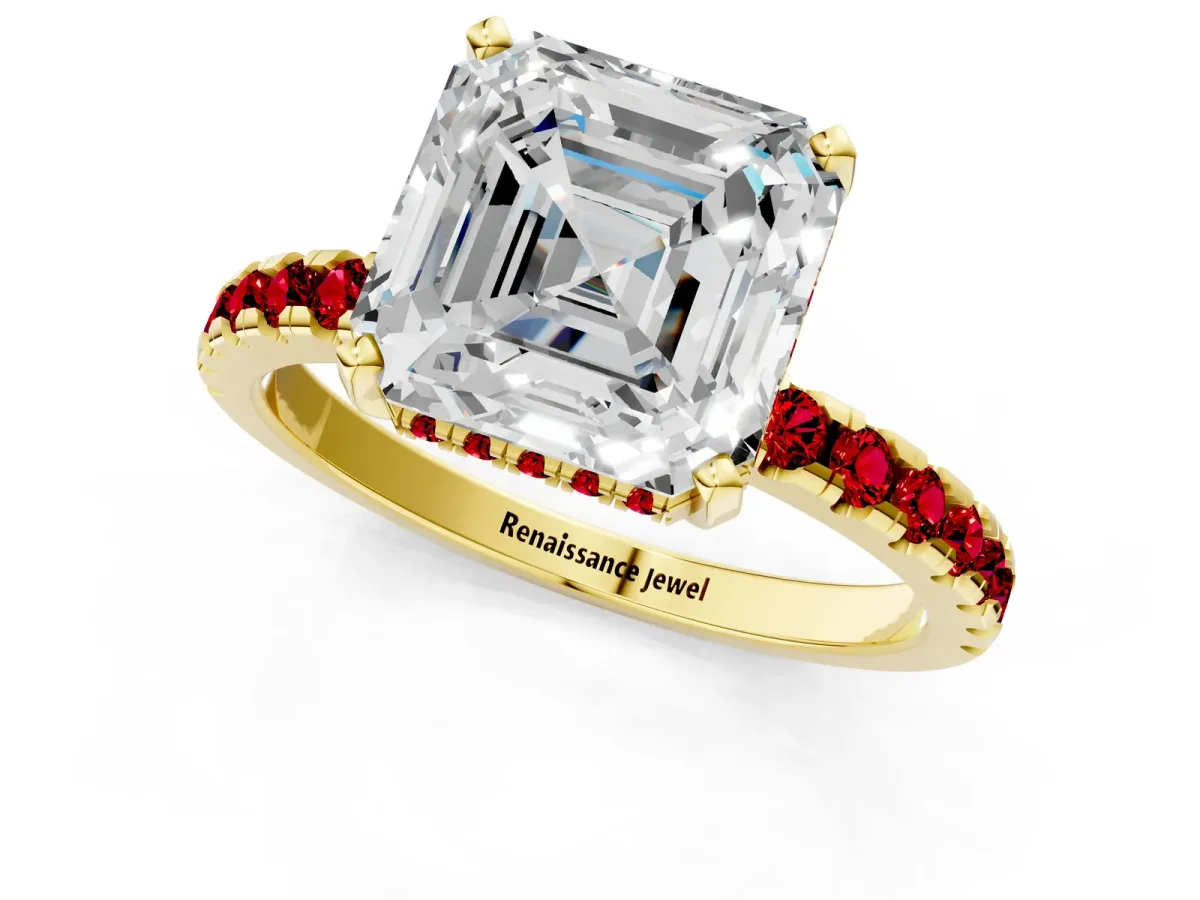 Asscher Cut Diamond Solitaire Ring with Round Ruby Pavé Band and Four-Prong Setting Yellow gold