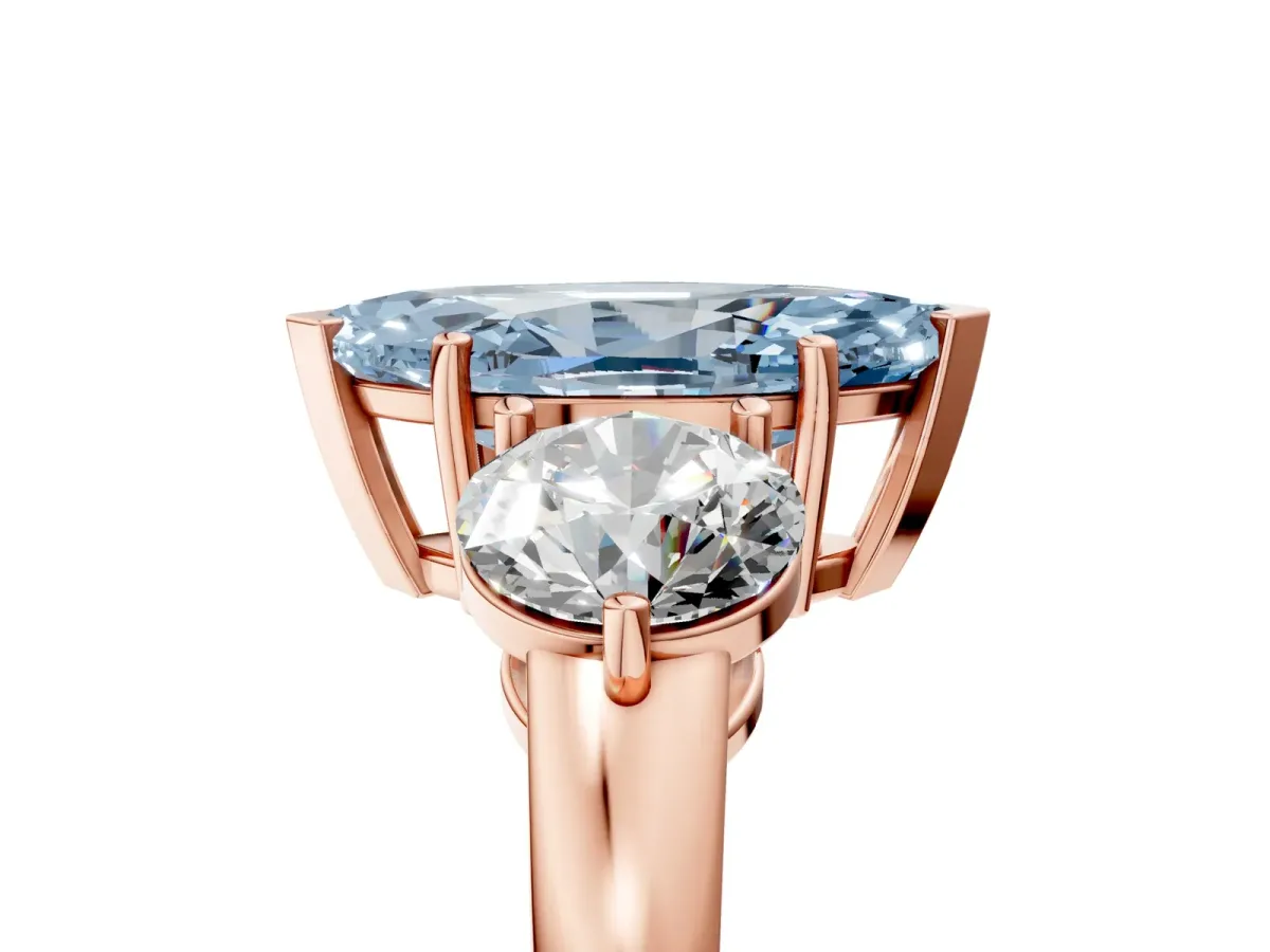 Fancy Blue Marquise Cut Diamond Three-Stone Ring with Prong Setting and Classic Band Rose gold