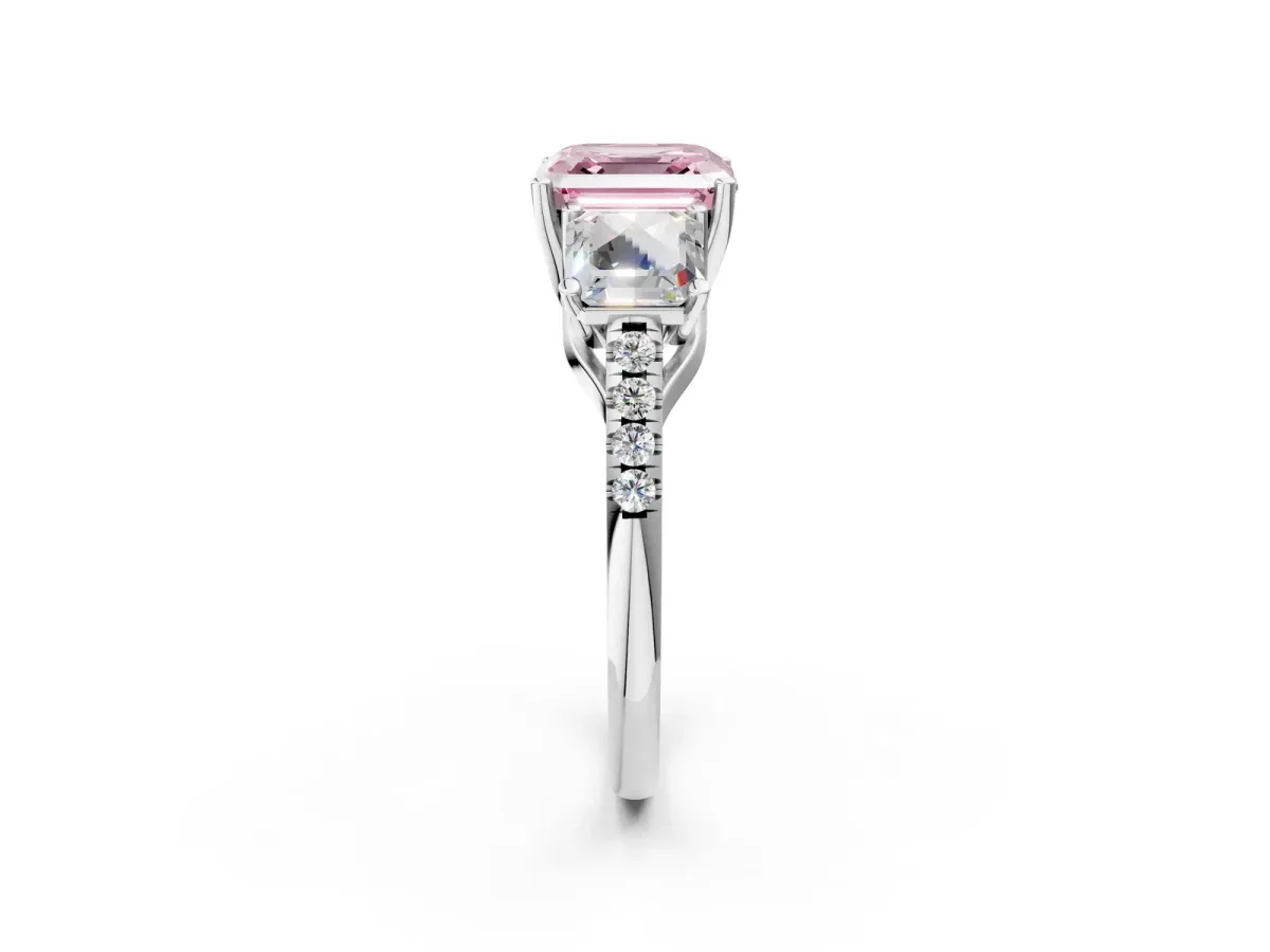 Fancy Pink Three-Stone Asscher Cut Diamond Ring with Round Pavé Band and Prong Setting Silver