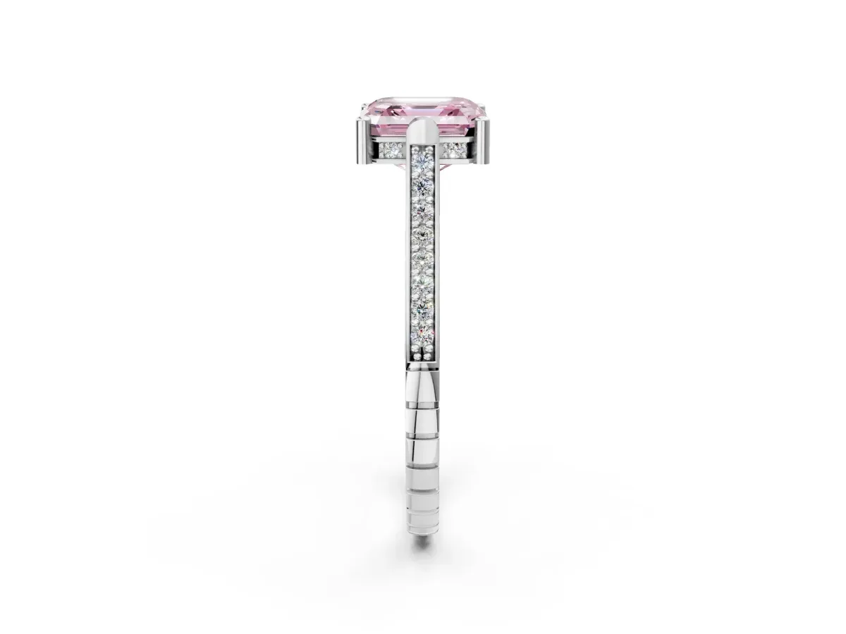 Fancy Pink Asscher Cut Solitaire Diamond Ring with Channel Set Band and Bezel Prong Setting Platinum