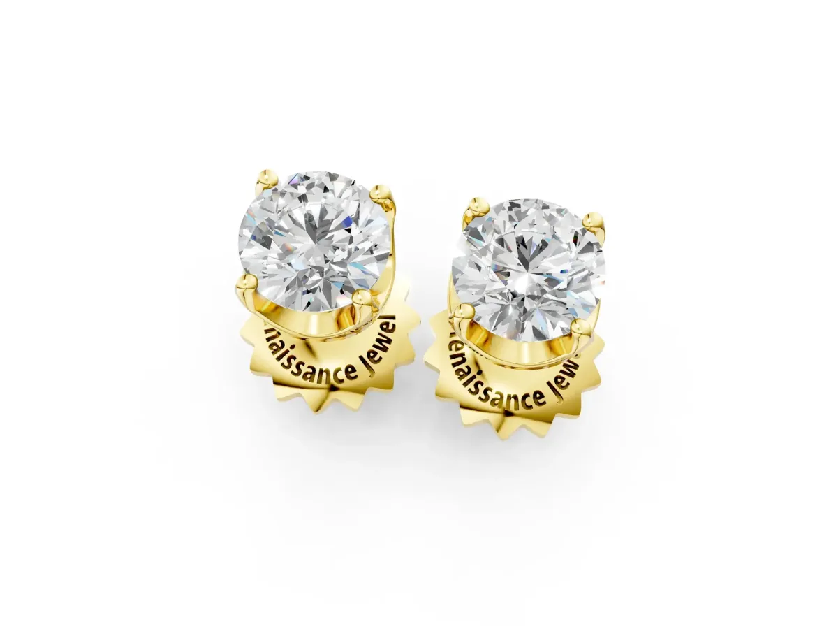 Round Solitaire Diamond Stud Earrings with Four-Prong Basket Setting Yellow gold