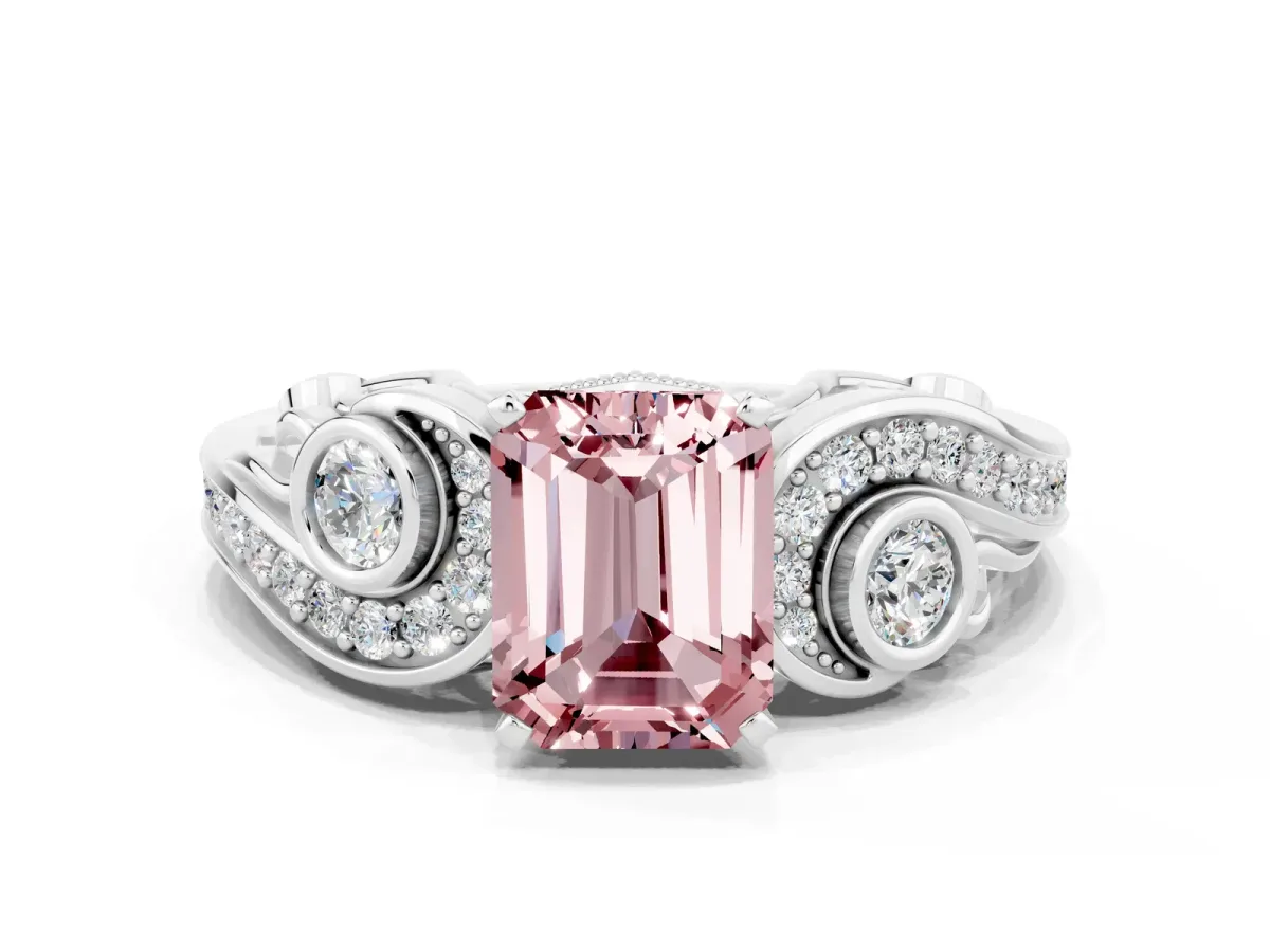 Emerald Cut Morganite Solitaire Ring with Milgrain Pavé Band and Four-Prong Setting Silver